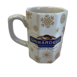 GHIRARDELLI Mug Cup Hot Chocolate Coffee Tea Holiday White Gold Snowflakes 8oz